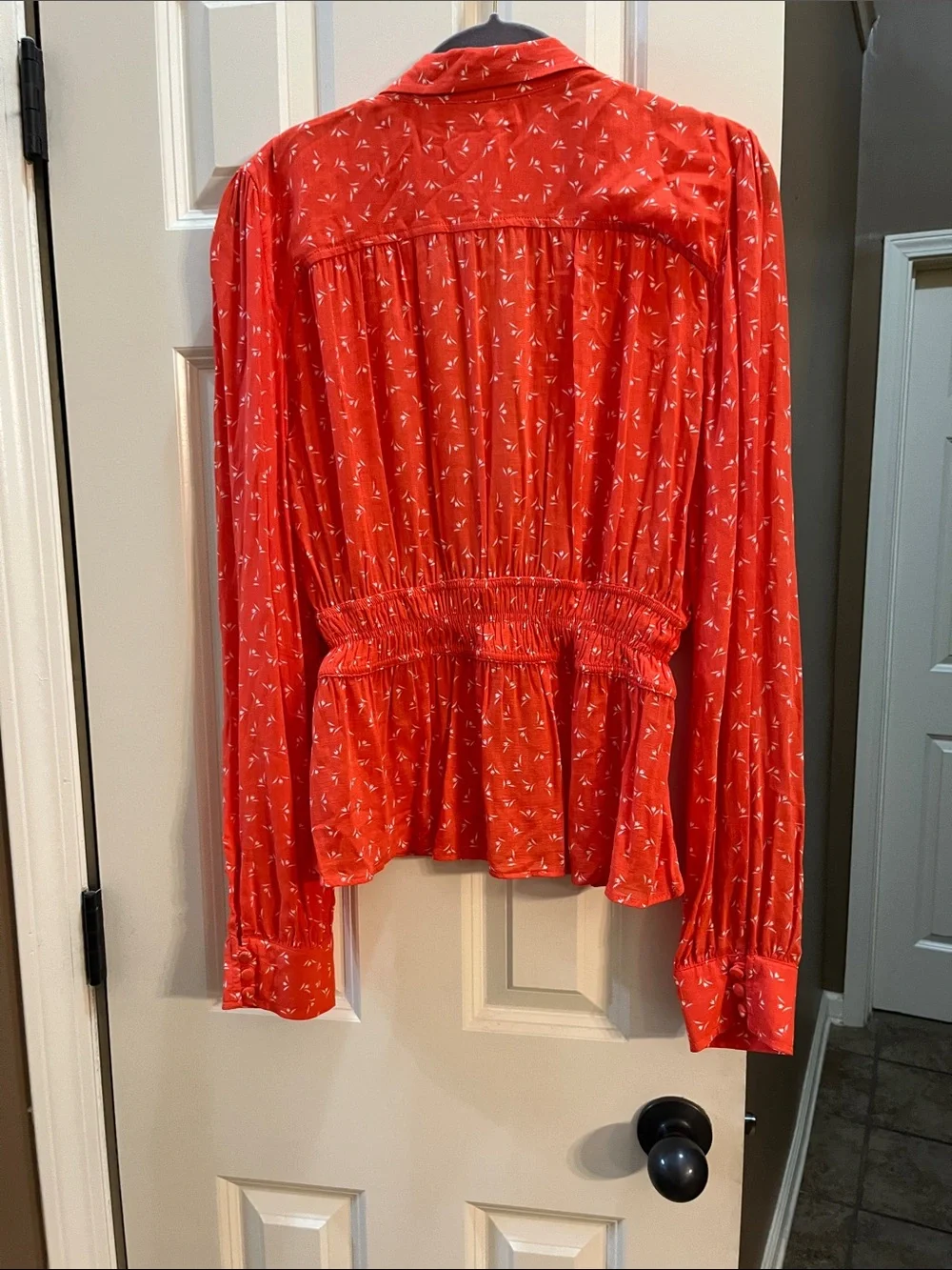 Free People Coral Orange  Printed Button-Front Peplum Blouse